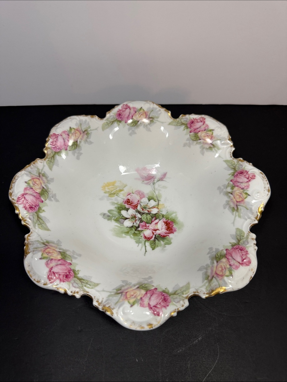 Antique T Eaton Floral Scalloped Serving Bowl - Pink Rose Design